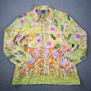 Sigrid Olsen Silk Button Down Blouse Womens Medium Green Pink Floral Long Sleeve